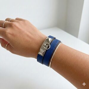 Hermes jewel tone leather silver hardware Rivale Double Tour Bracelet